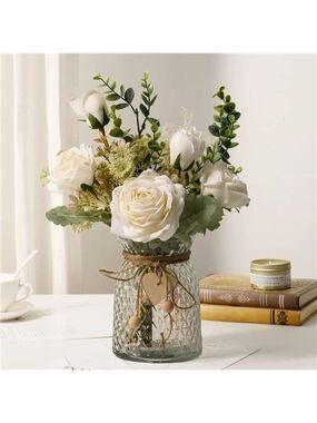 White Silk Roses in Vase Artificial Flowers Table Centerpiece Home Decor